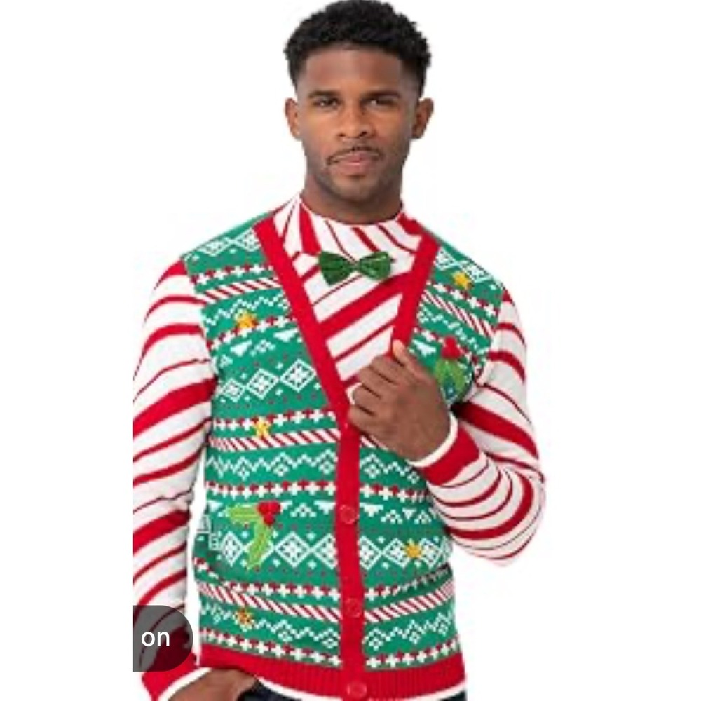 Blizzard Bay Mens Ugly Christmas Sweater Cardigan Candy Cane Bow Tie Green Red L